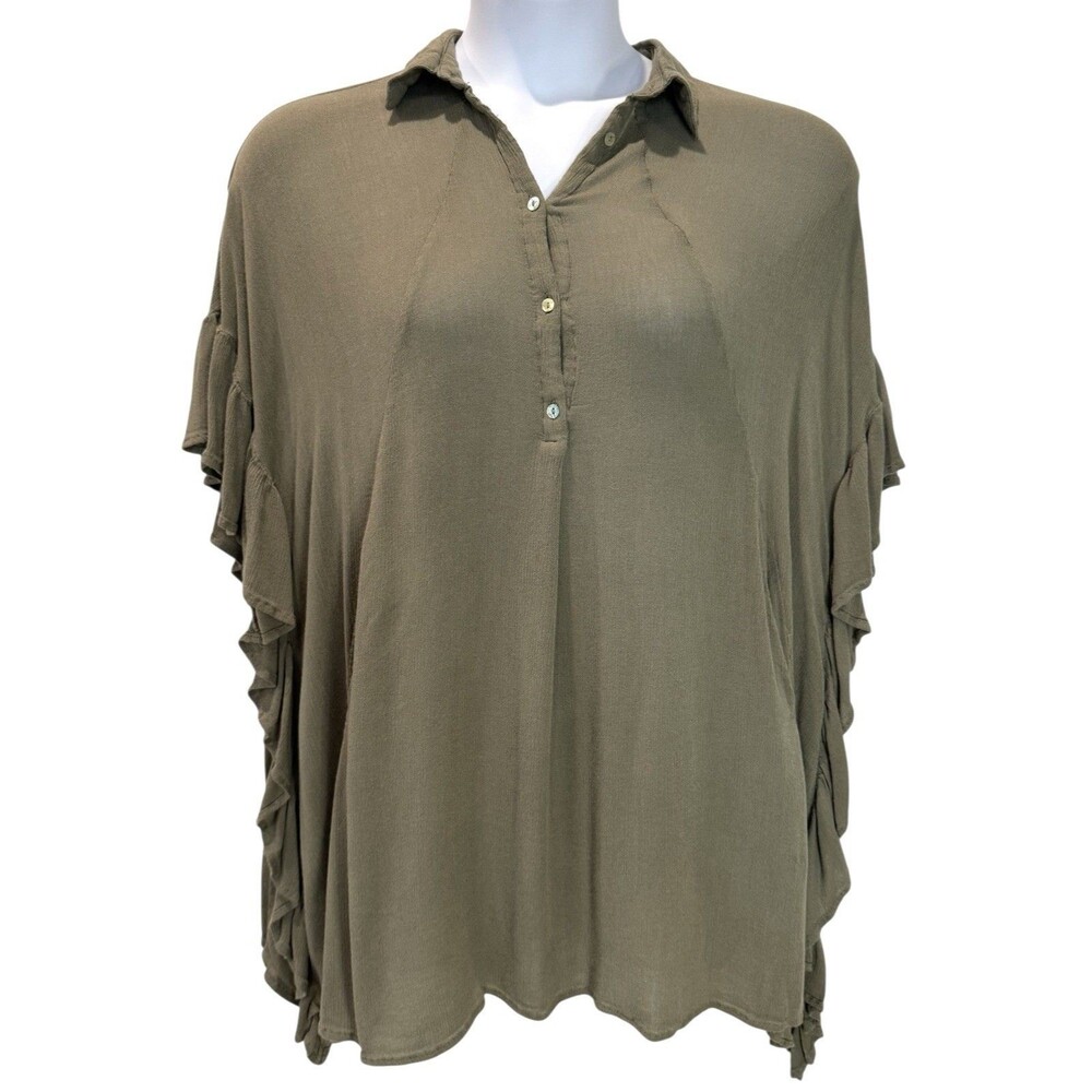 Umgee Women’s Size M Olive Green Blouse Top Ruffled Sleeves Oversized w/ Pockets